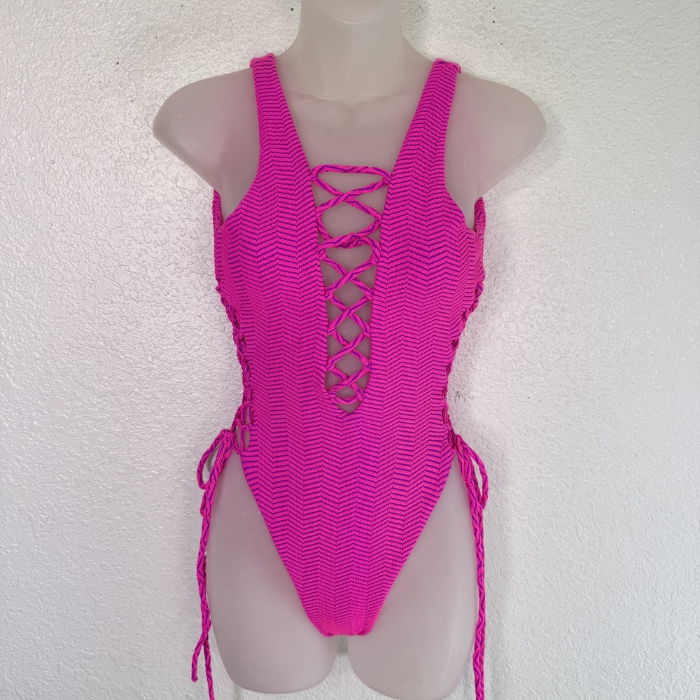 Luli Fama Pura Curiosidad Swimsuit Womens XS Lace Up Tie Textured One Piece Pink